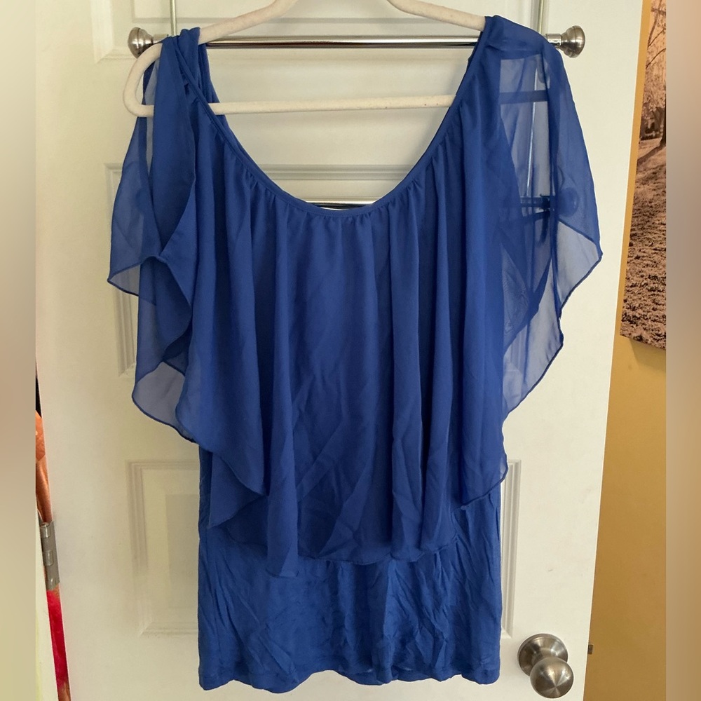 K Jordan Blue Flutter Sleeve Asymmetrical Blouse